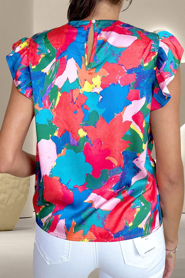 Ruffled Abstract Print Round Neck Cap Sleeve Blouse