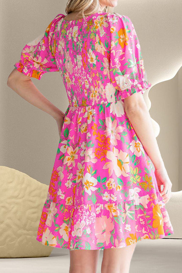 Smocked Printed V-Neck Short Sleeve Dress