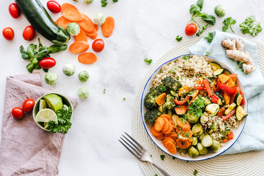 A colorful vegetable and grain salad viewed from above