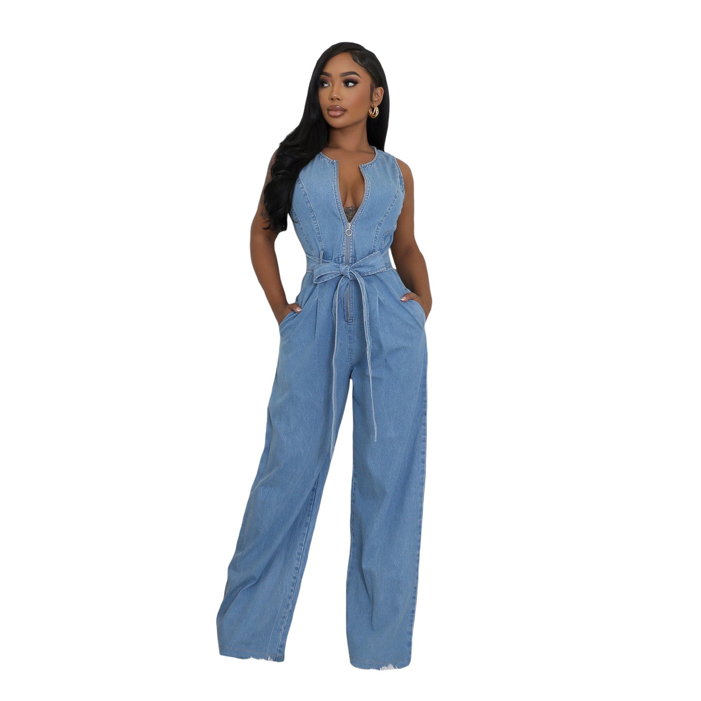 Slim-fit Elastic Washed Denim Jumpsuit With A Fitted Waist