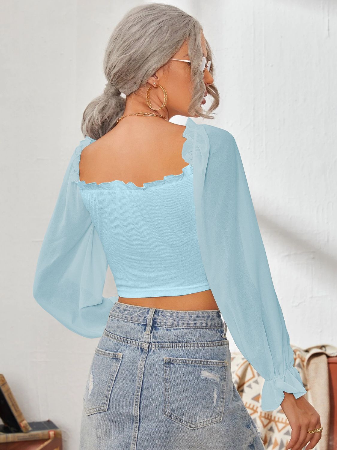 Mesh Sweetheart Neck Flounce Sleeve Top – product image 8