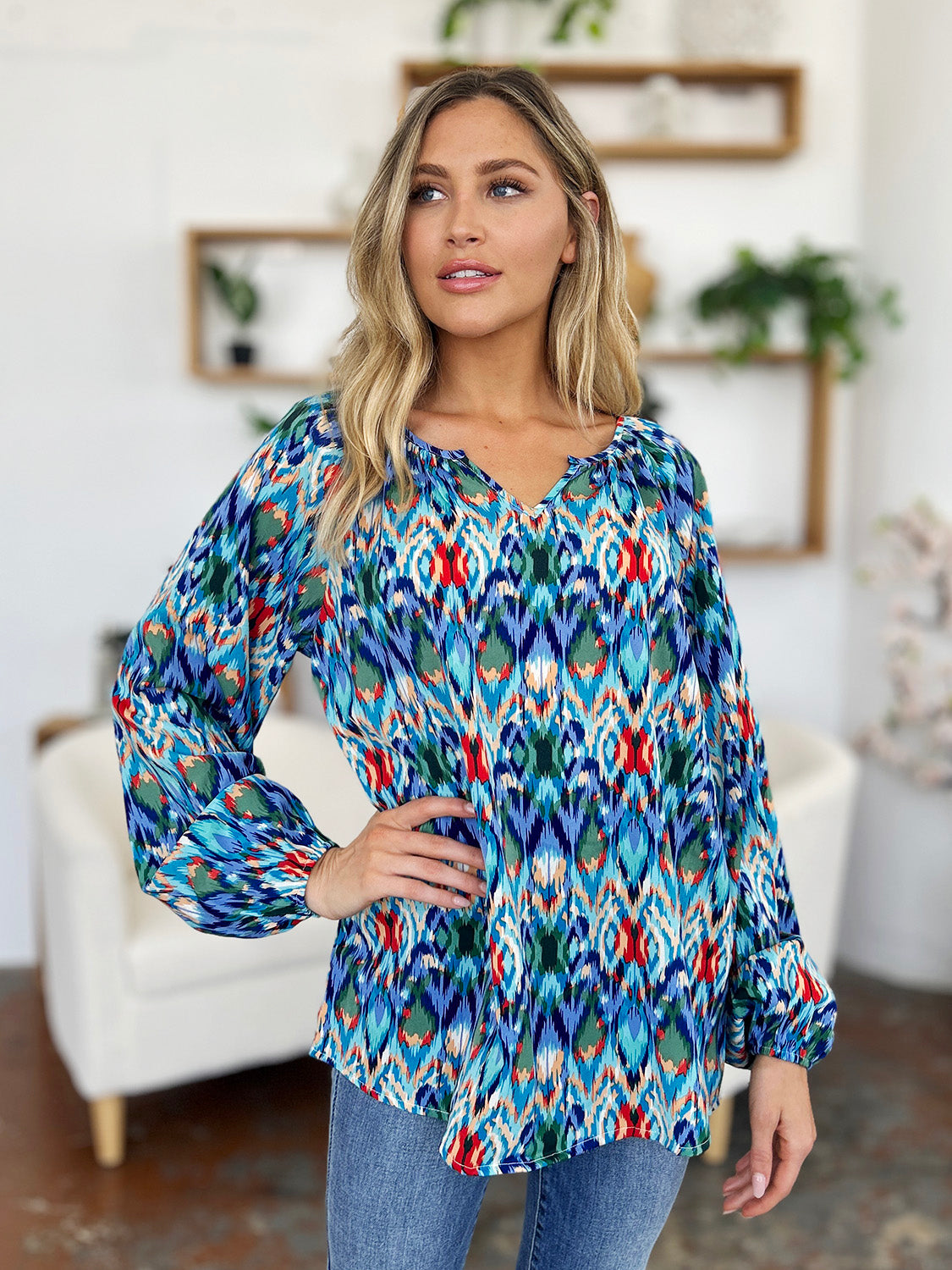Double Take Full Size Printed Balloon Sleeve Blouse – product image 10