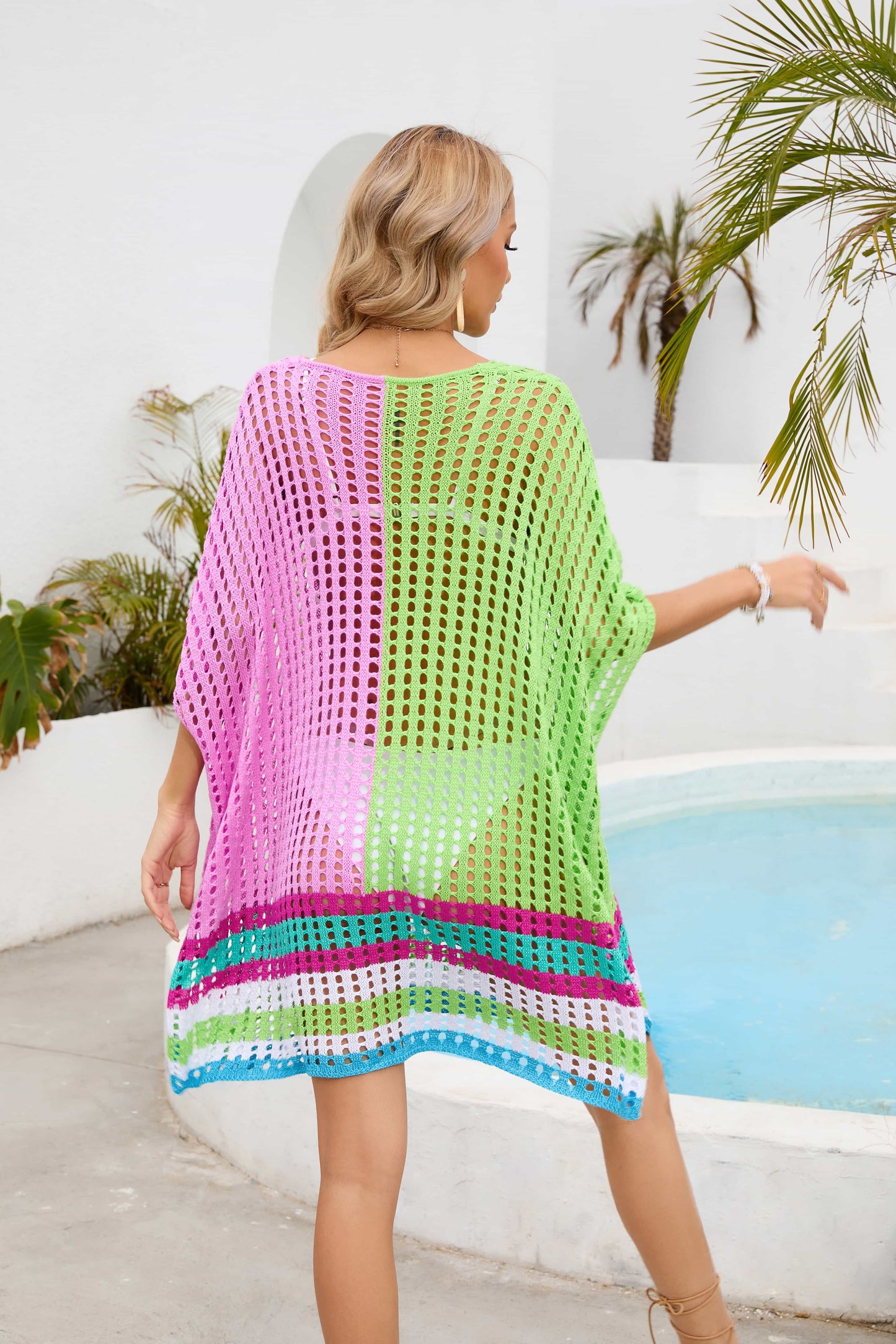 Contrast Scoop Neck Openwork Half Sleeve Cover Up – product image 2