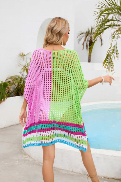 Contrast Scoop Neck Openwork Half Sleeve Cover Up – product image 2
