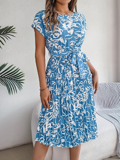 Tied Pleated Printed Short Sleeve Dress – product image 11