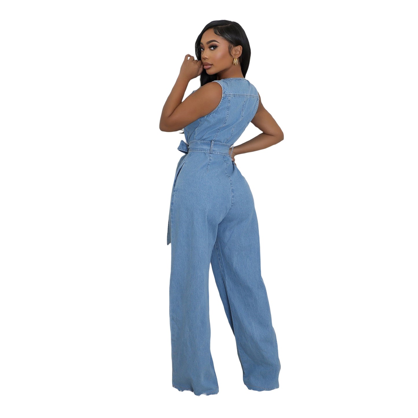 Slim-fit Elastic Washed Denim Jumpsuit With A Fitted Waist