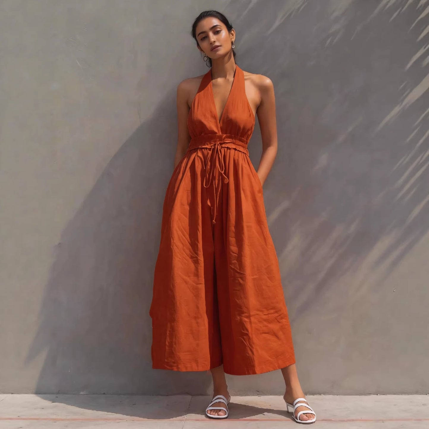 Womens New Arrival Linen Resort-Style V-Neck Lace-Up Jumpsuit