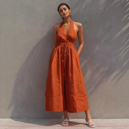 Womens New Arrival Linen Resort-Style V-Neck Lace-Up Jumpsuit