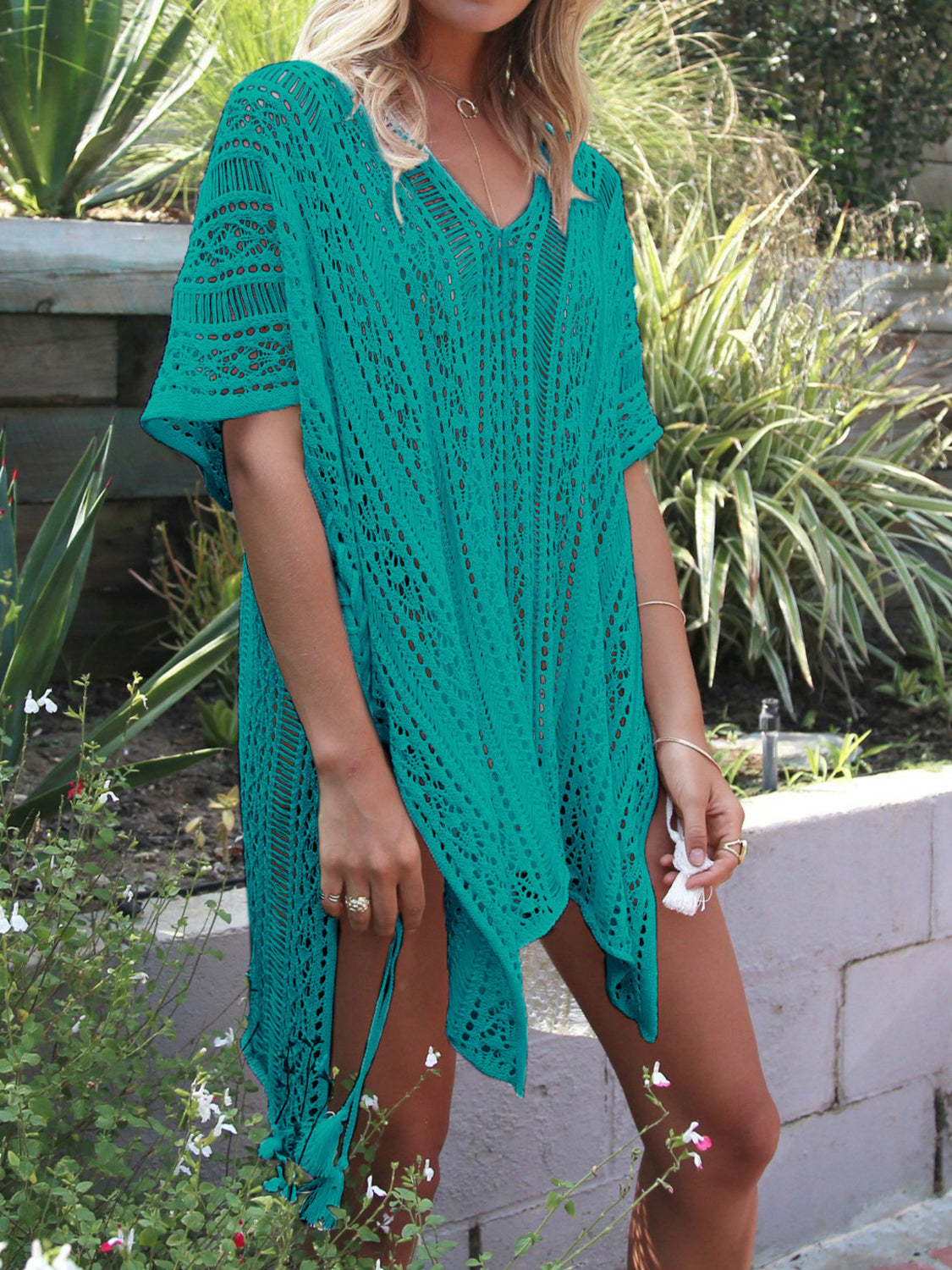 Cutout V-Neck Cover-Up with Tassel – product image 19