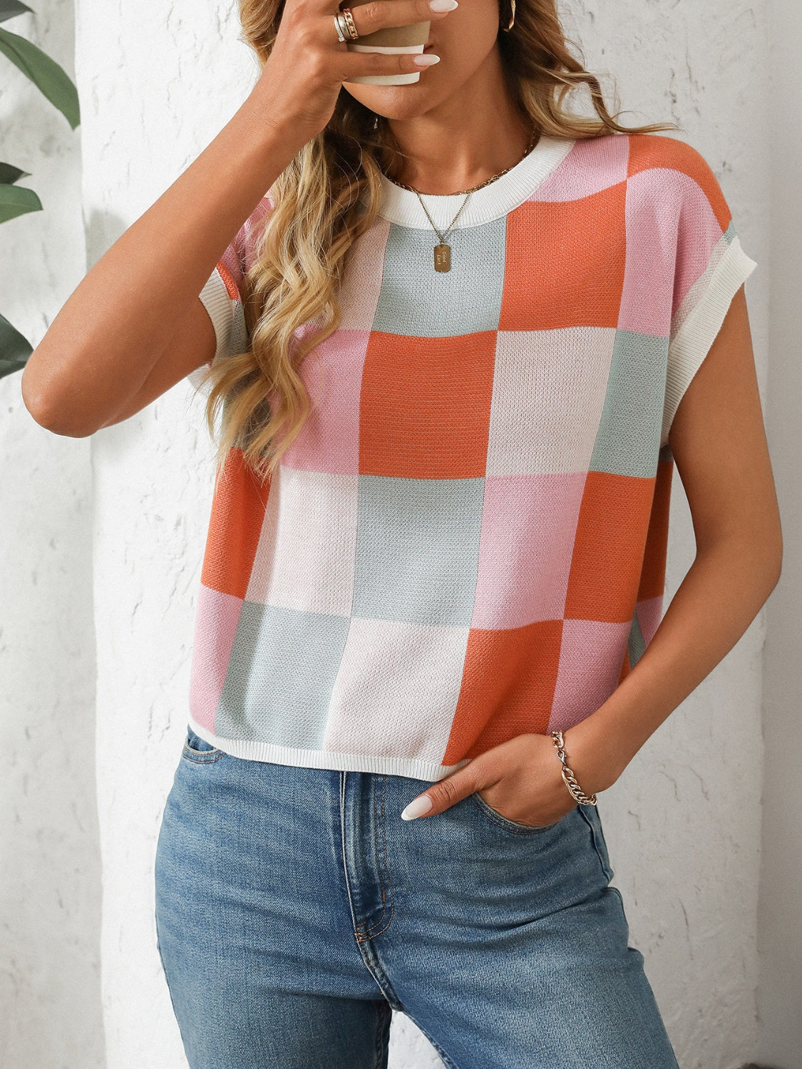 Mandy Checkered Round Neck Cap Sleeve Knit Top – product image 2