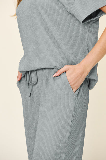 Double Take Full Size Texture Round Neck Short Sleeve T-Shirt and Wide Leg Pants – product image 28