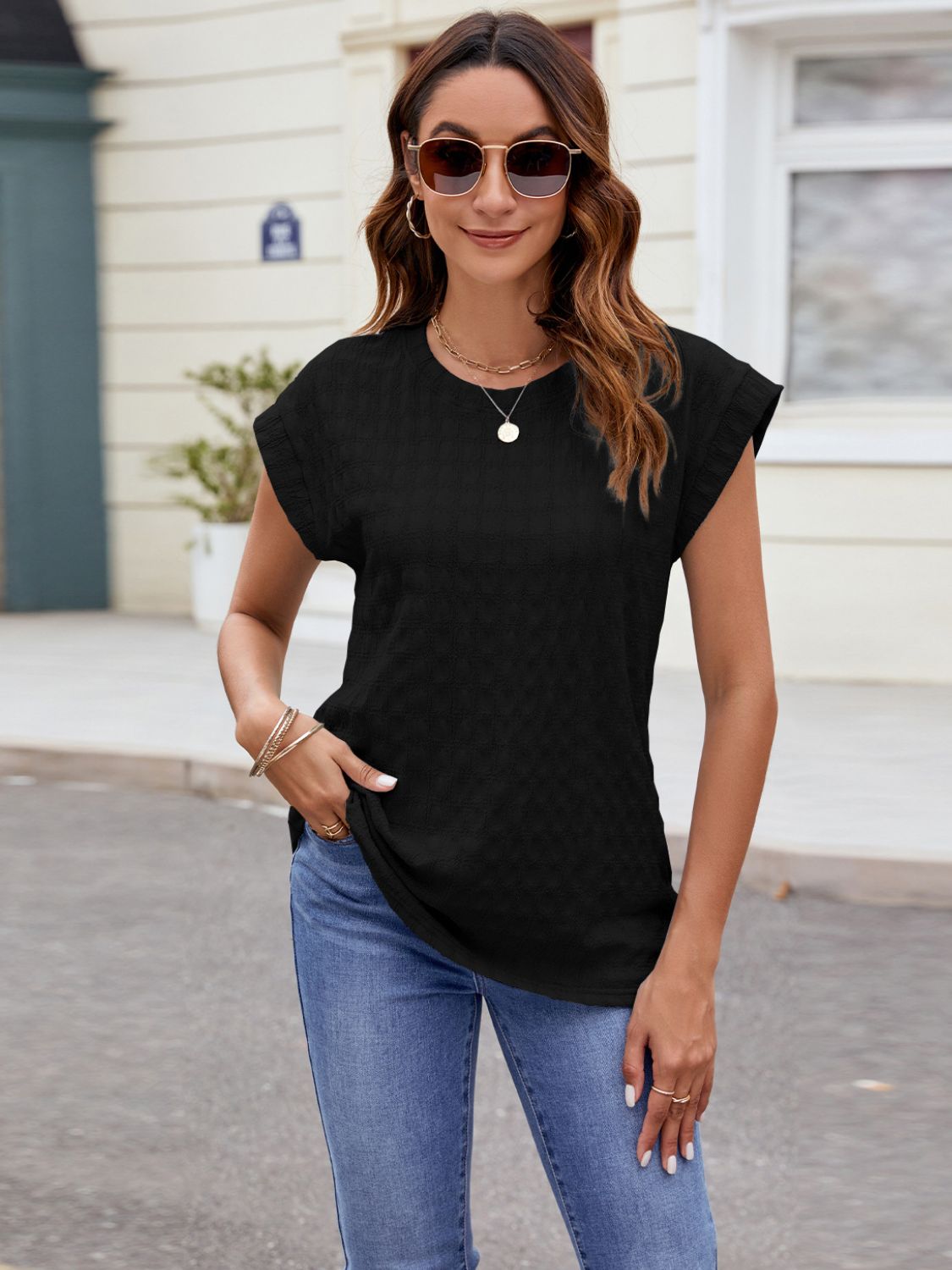 Textured Round Neck Cap Sleeve T-Shirt – product image 26