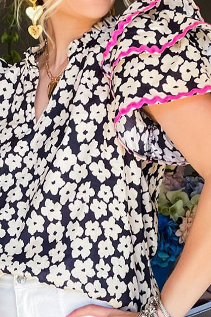 Printed V-Neck Flounce Sleeve Blouse – product image 3