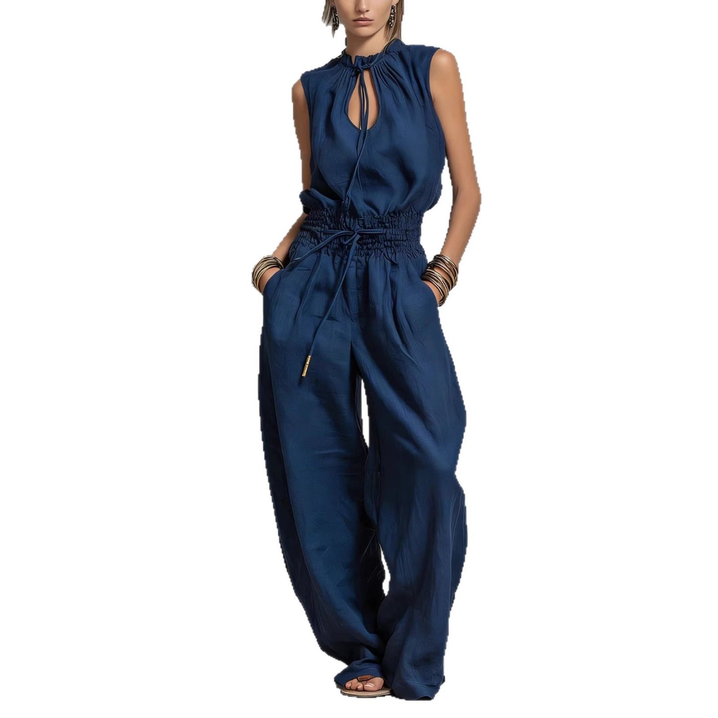Personalized Street-style Loose-fitting Sleeveless Waist-cinching Wide-leg Jumpsuit