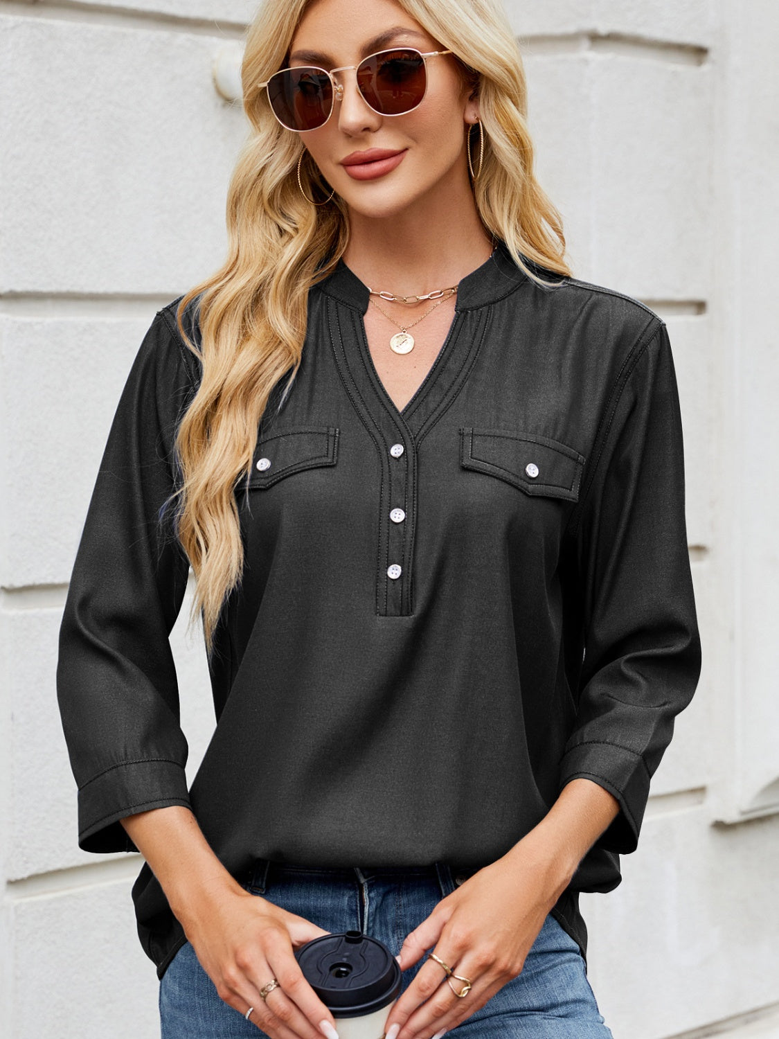 Notched Three-Quarter Sleeve Denim Top – product image 1