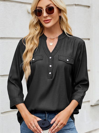 Notched Three-Quarter Sleeve Denim Top – product image 1