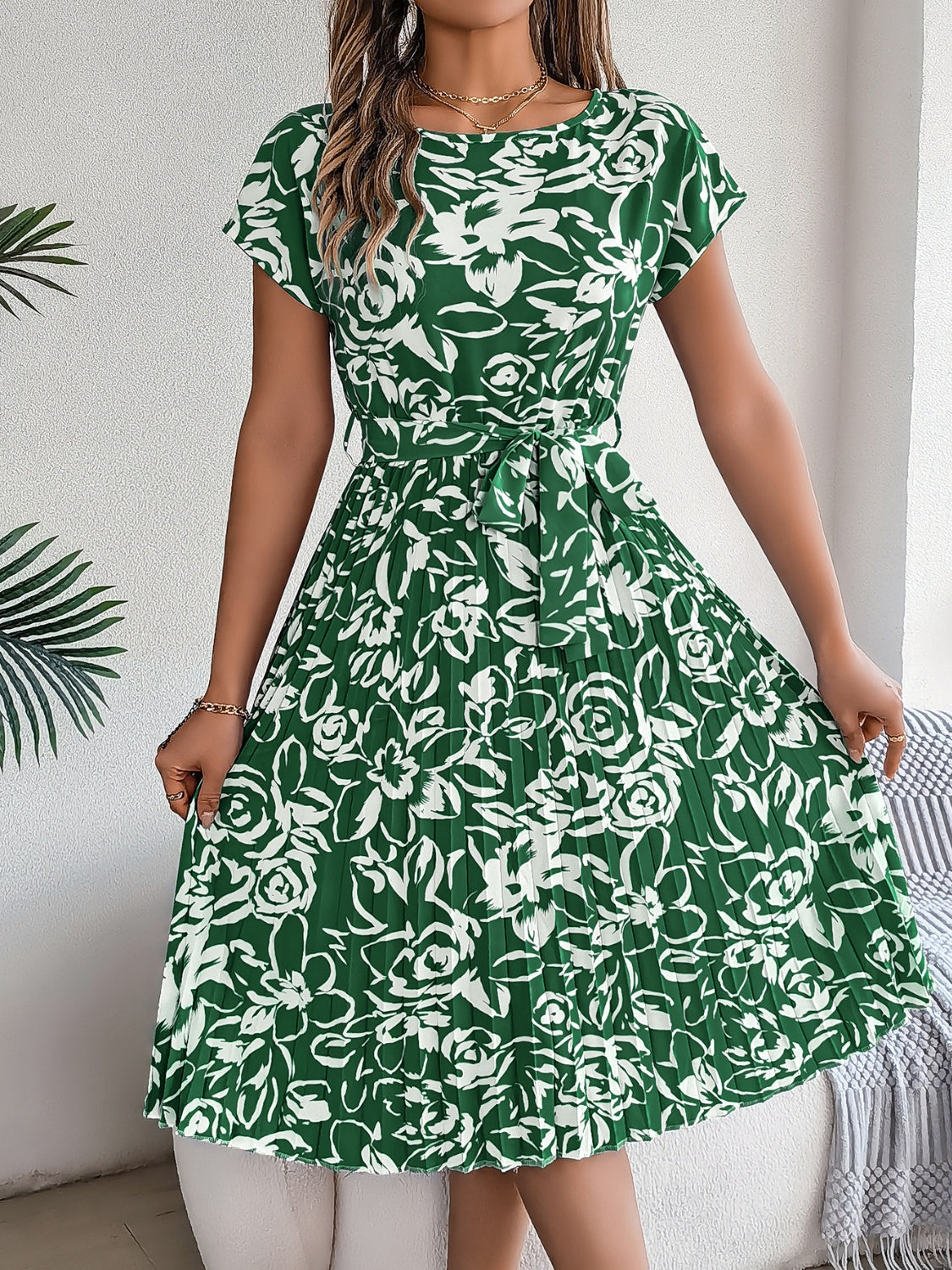 Tied Pleated Printed Short Sleeve Dress – product image 14