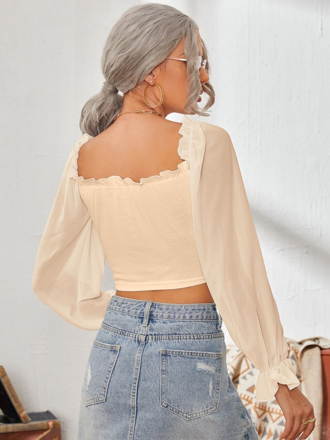 Mesh Sweetheart Neck Flounce Sleeve Top – product image 23