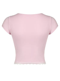 Lace Detail Sweetheart Neck Short Sleeve T-Shirt