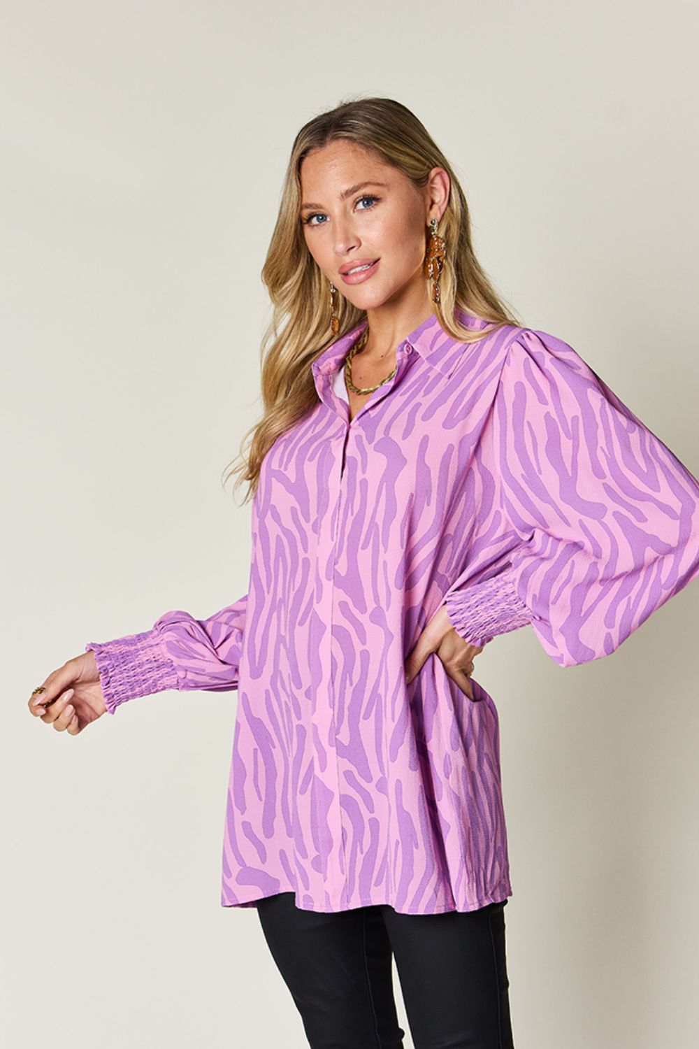 Double Take Full Size Printed Smocked Long Sleeve Blouse – product image 11