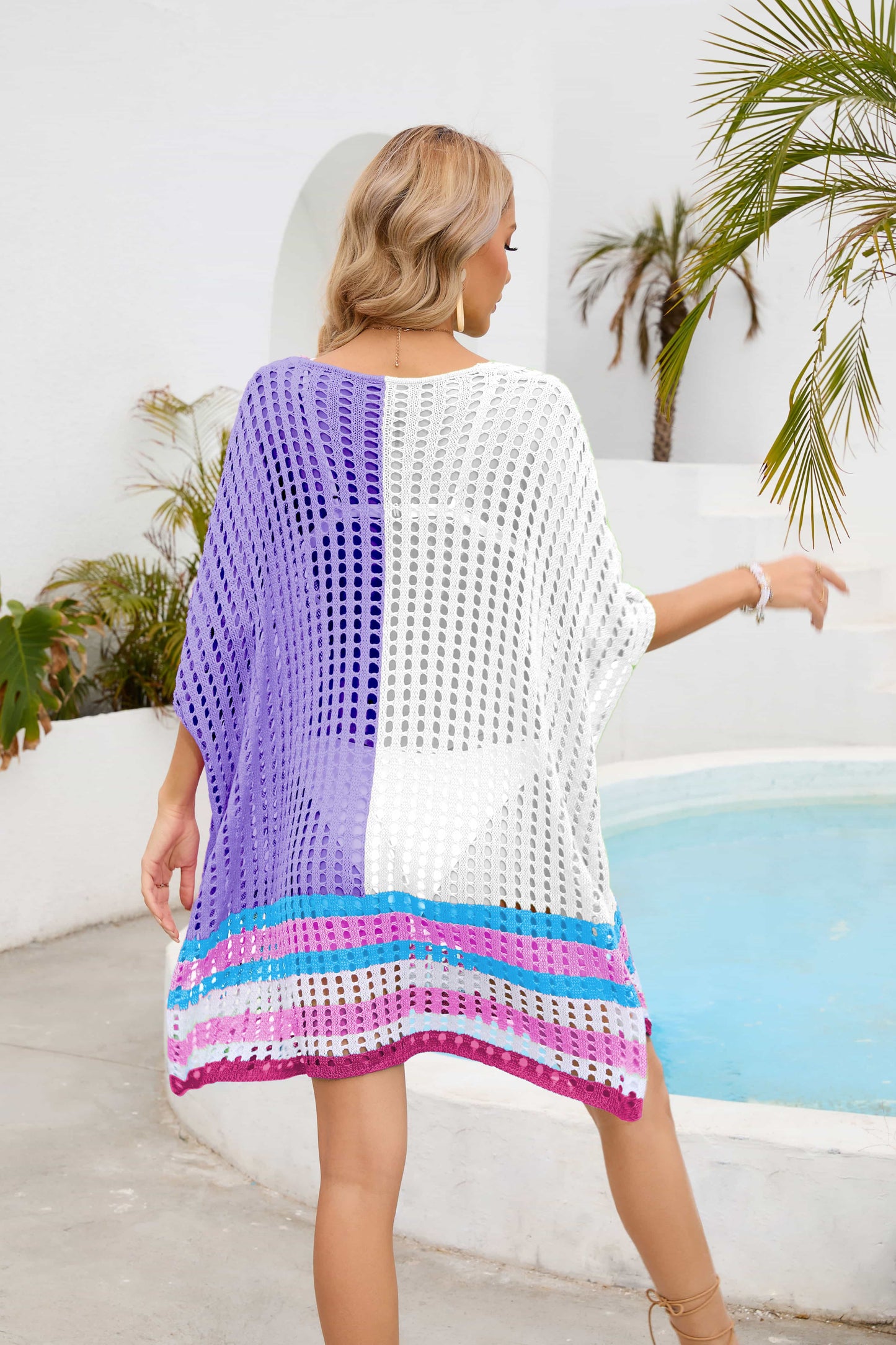 Contrast Scoop Neck Openwork Half Sleeve Cover Up – product image 6