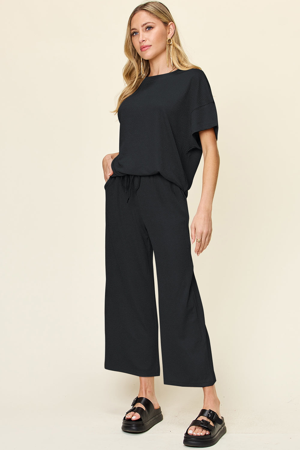 Double Take Full Size Texture Round Neck Short Sleeve T-Shirt and Wide Leg Pants – product image 22