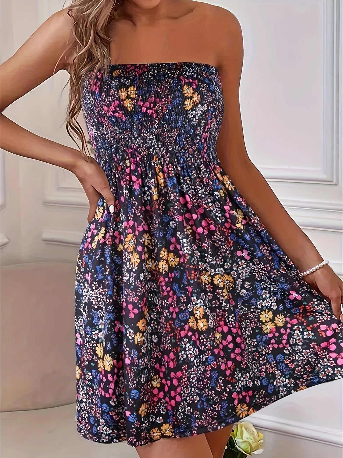 Full Size Smocked Printed Tube Mini Dress – product image 8