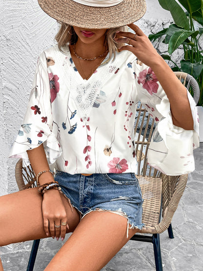 Ruffled Printed V-Neck Half Sleeve Blouse – product image 8