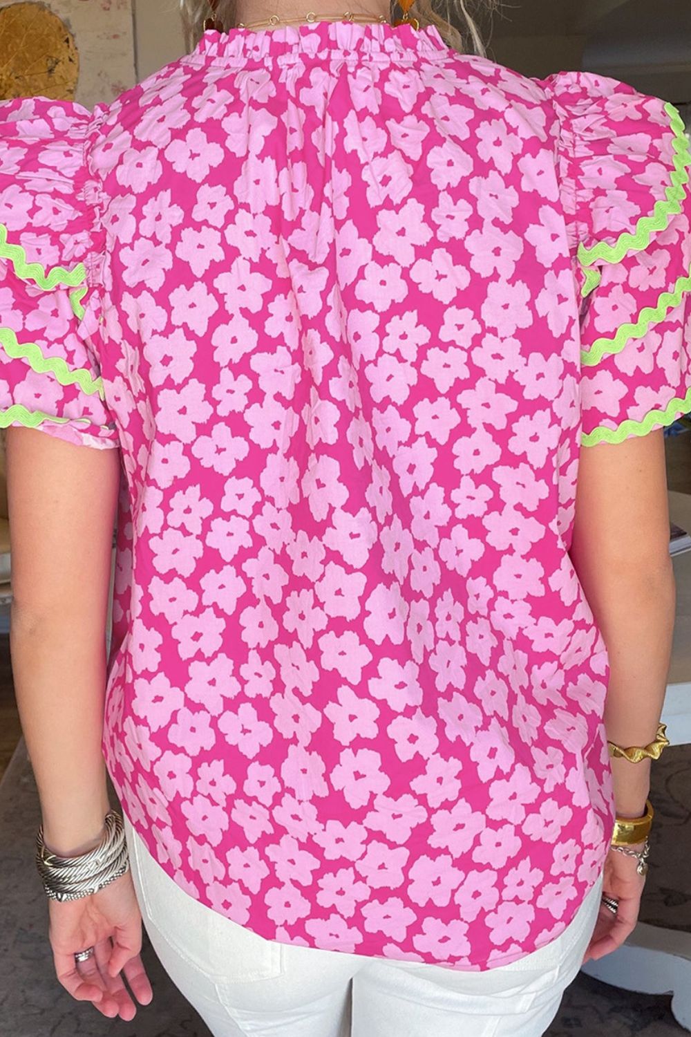 Printed V-Neck Flounce Sleeve Blouse – product image 6