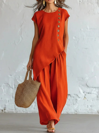 Womens Solid-Color Crew-Neck Buttoned Short-Sleeve Wide-Leg Pants Set