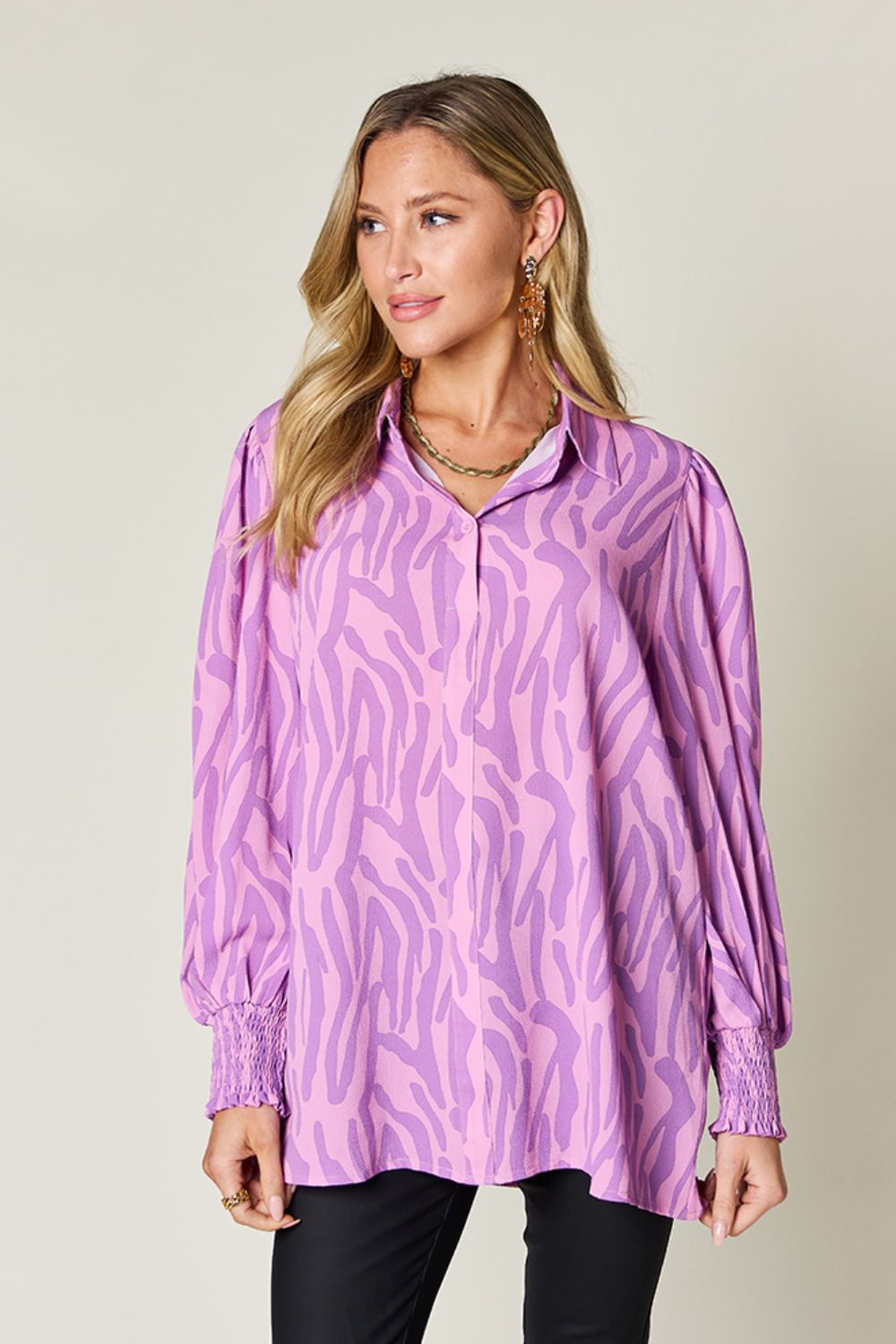 Double Take Full Size Printed Smocked Long Sleeve Blouse – product image 10