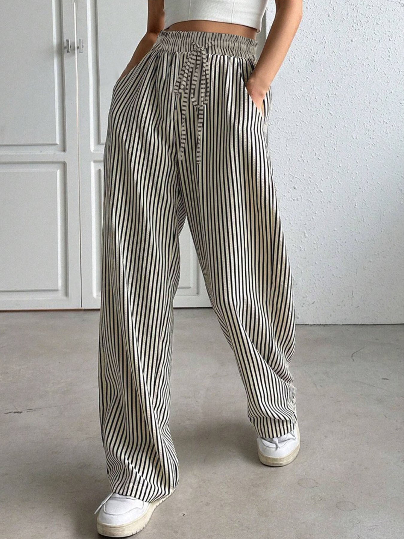 Drawstring Striped Elastic Waist Pants – product image 1