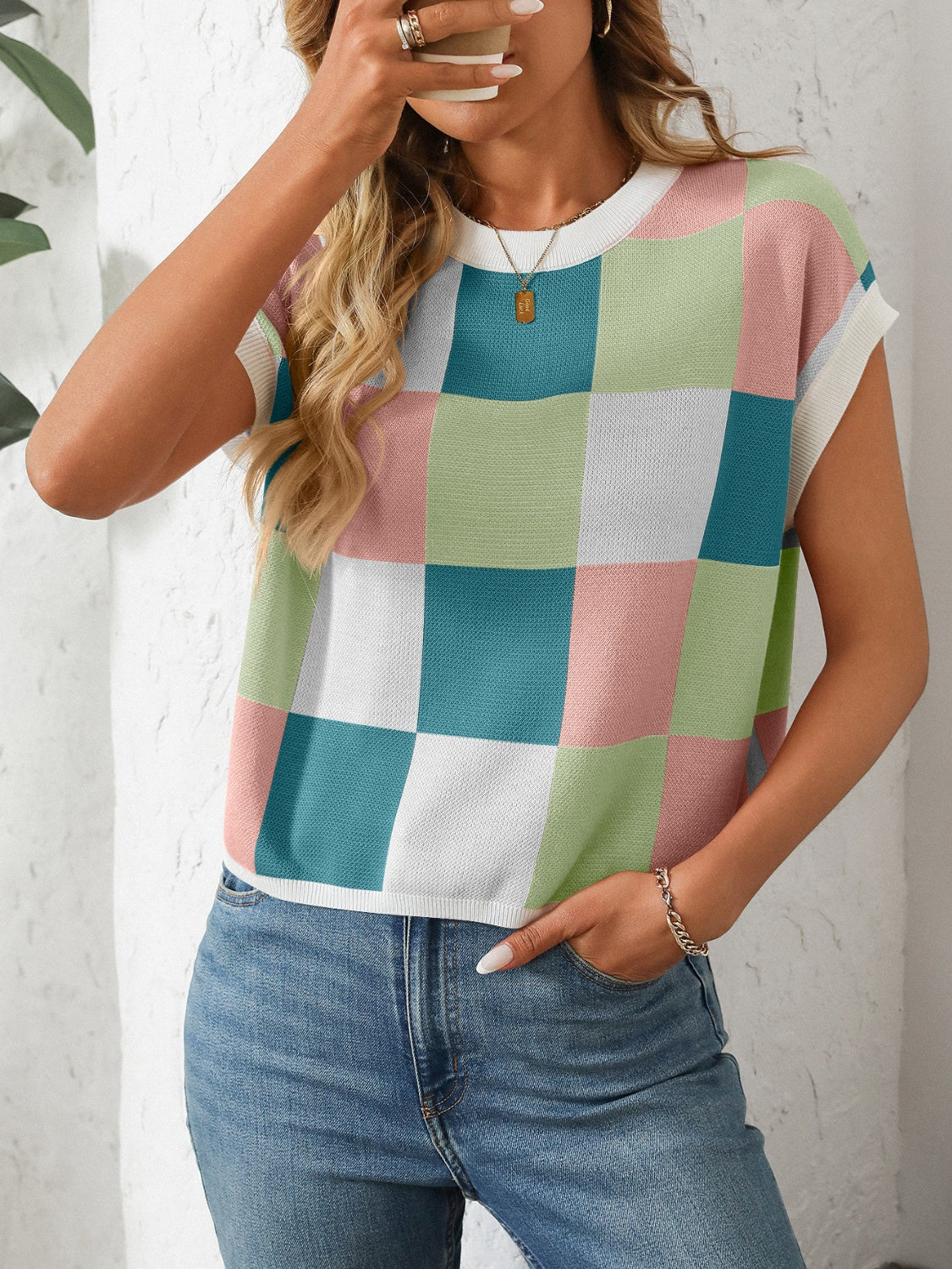 Mandy Checkered Round Neck Cap Sleeve Knit Top – product image 32