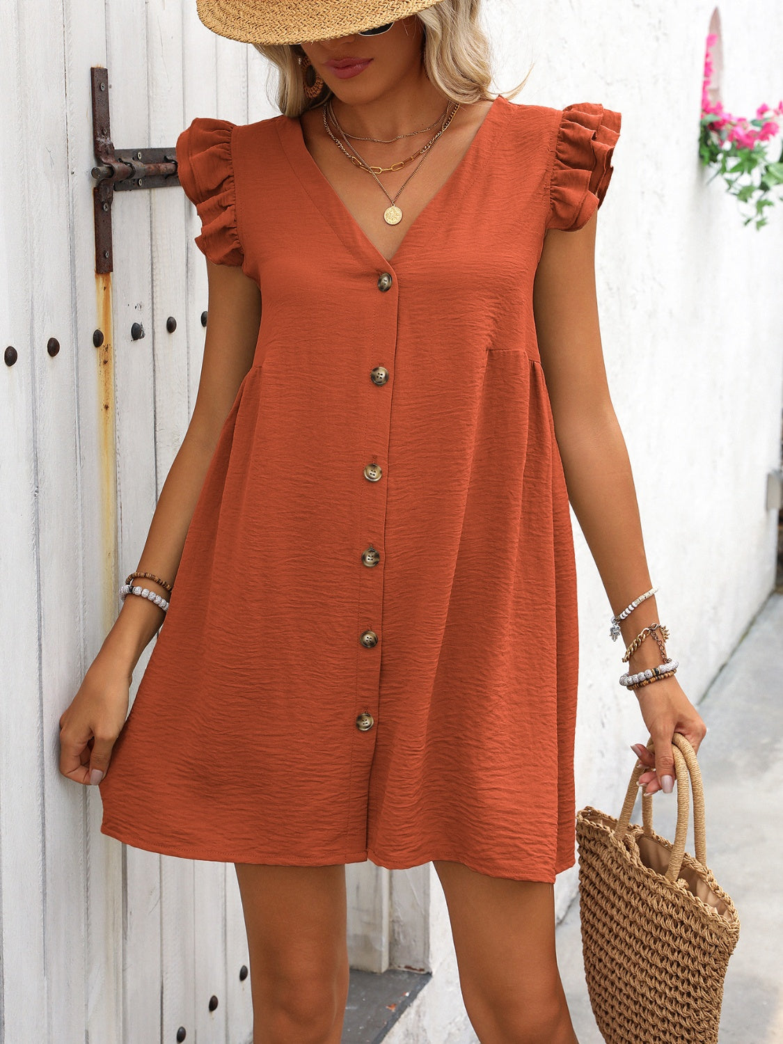 Button Up V-Neck Cap Sleeve Mini Dress – product image 2