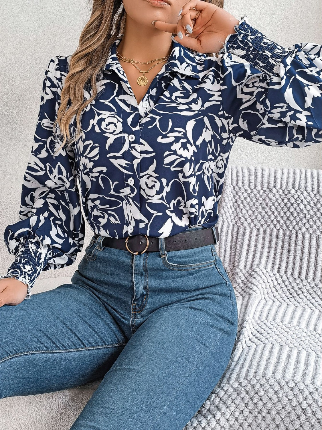 Printed Collared Neck Lantern Sleeve Shirt – product image 15