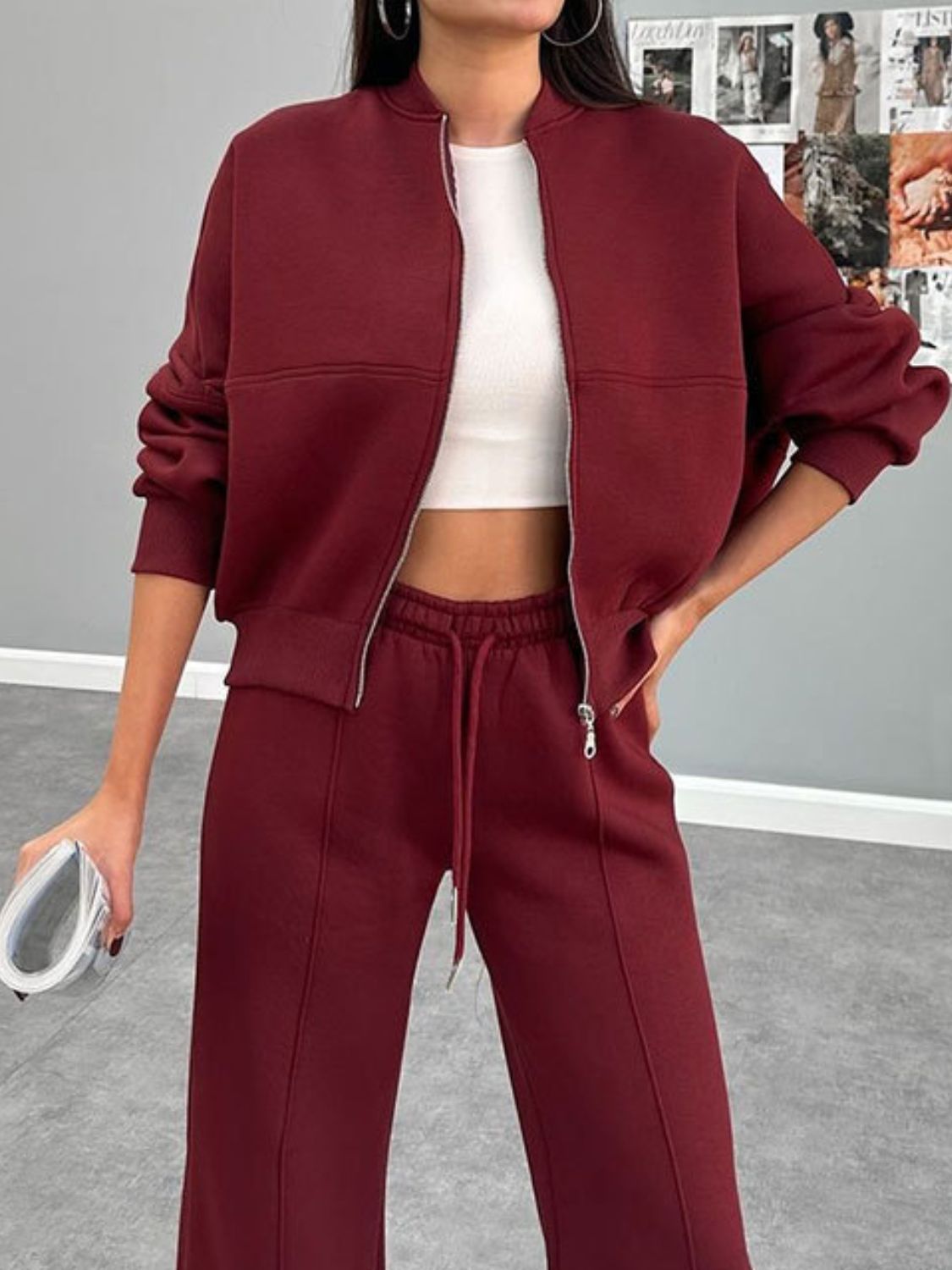 Baseball Collar Zip Up Top and Drawstring Paants Set – product image 11