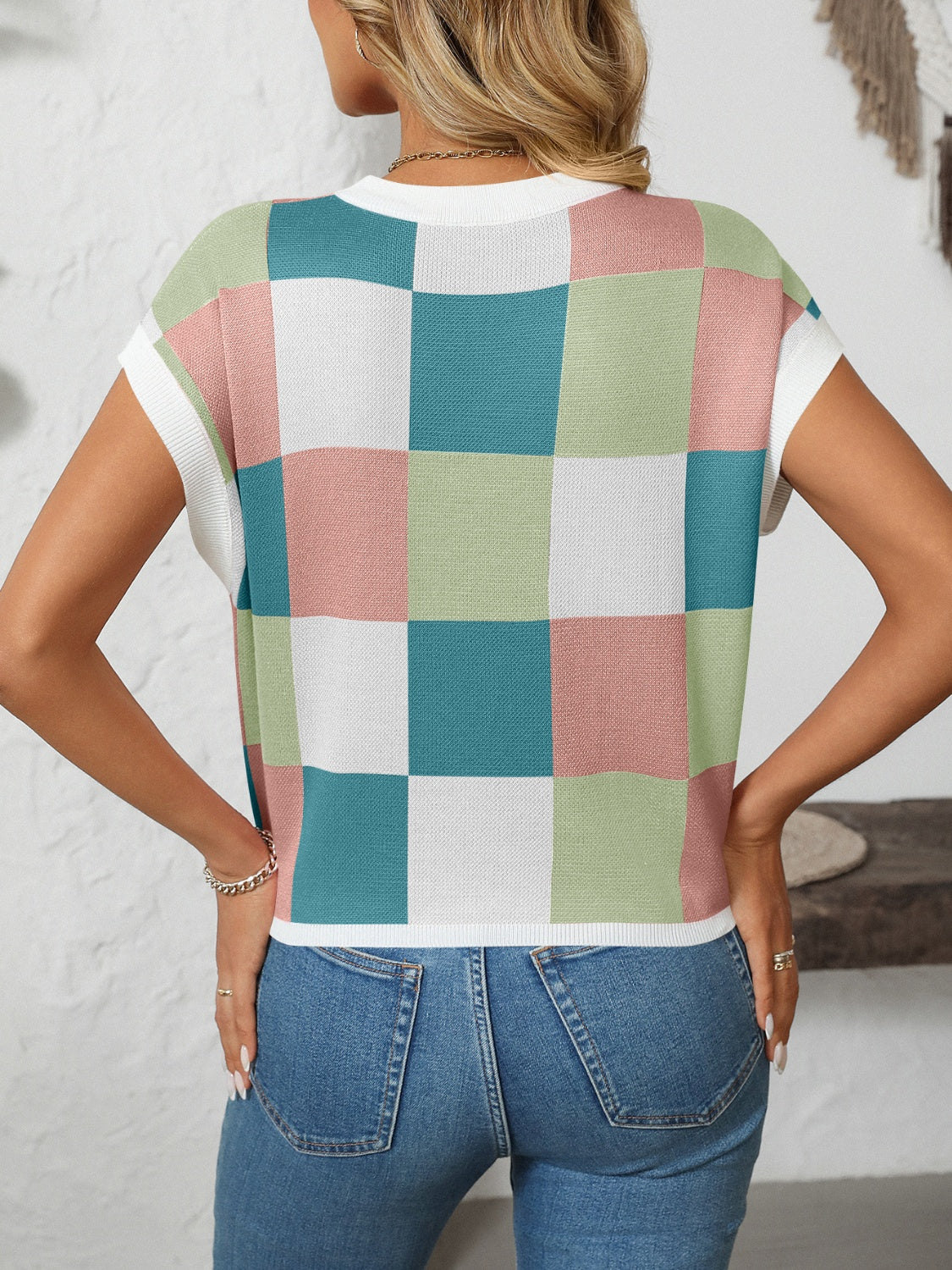 Mandy Checkered Round Neck Cap Sleeve Knit Top – product image 28