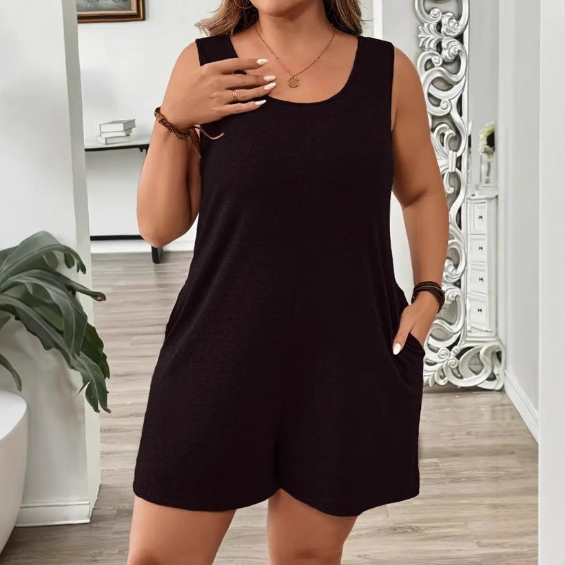 Solid-color Sleeveless Jumpsuit Casual Pocketed Crew-neck Romper