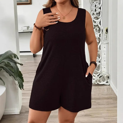 Solid-color Sleeveless Jumpsuit Casual Pocketed Crew-neck Romper