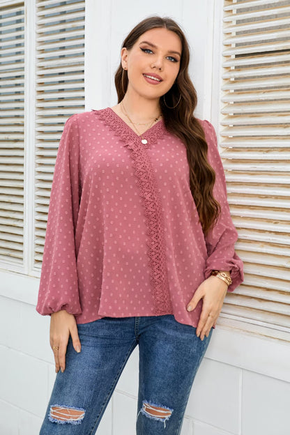 Melo Apparel Plus Size Lace Trim V-Neck Balloon Sleeve Blouse – product image 1