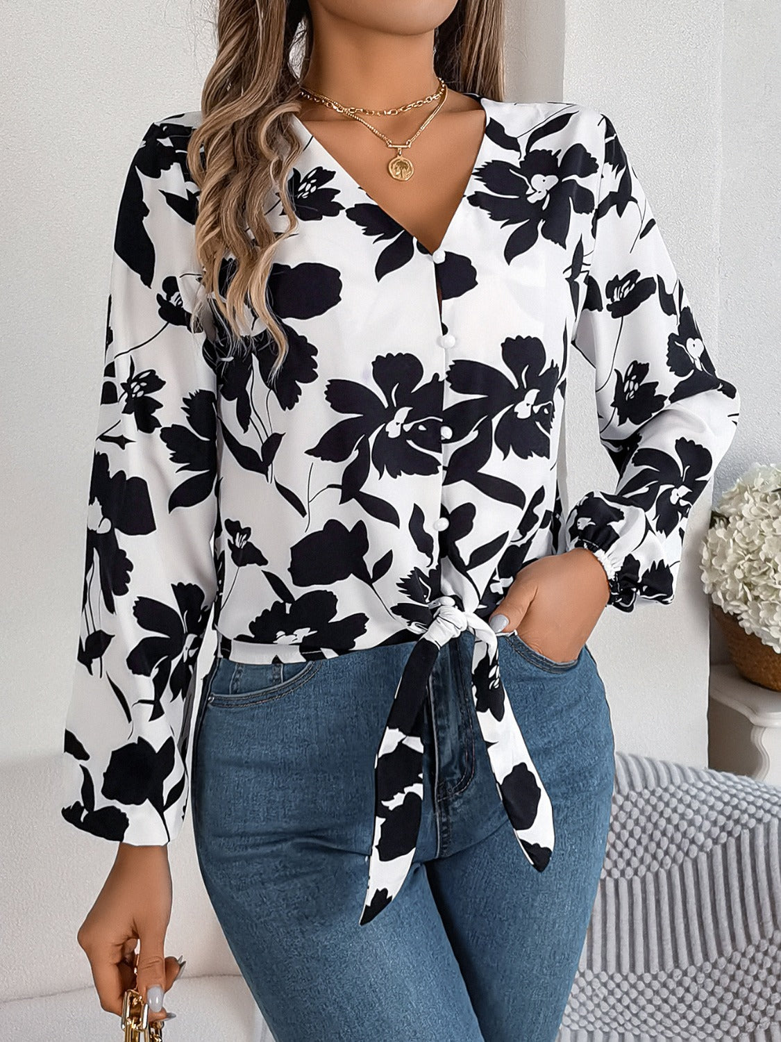 Printed V-Neck Long Sleeve Blouse – product image 1
