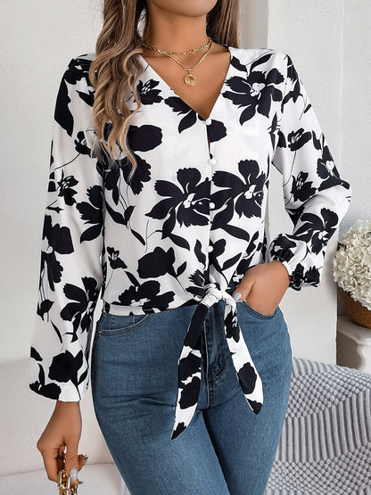 Printed V-Neck Long Sleeve Blouse – product image 1