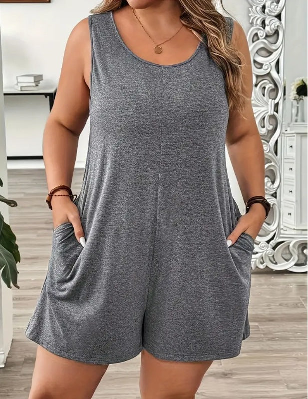 Solid-color Sleeveless Jumpsuit Casual Pocketed Crew-neck Romper