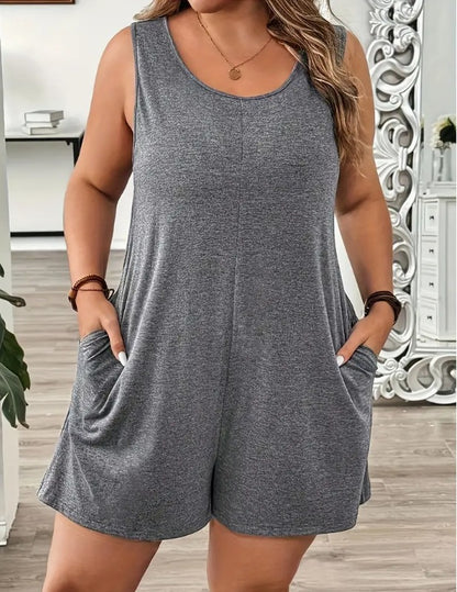 Solid-color Sleeveless Jumpsuit Casual Pocketed Crew-neck Romper