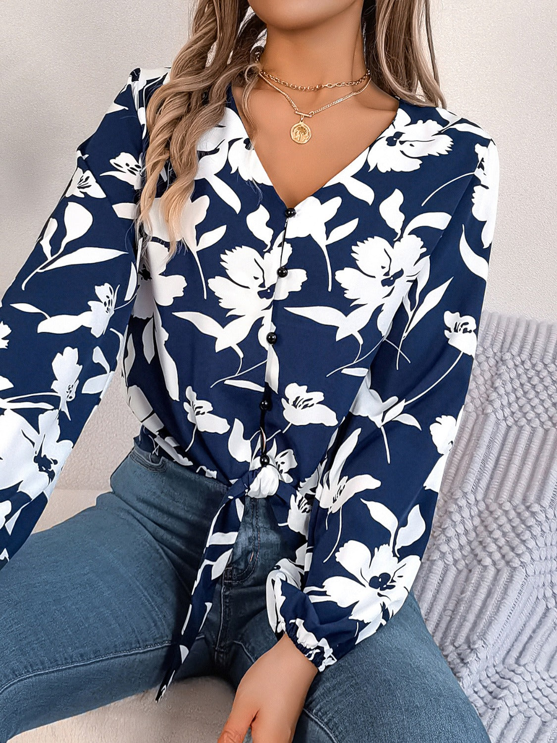 Printed V-Neck Long Sleeve Blouse – product image 16