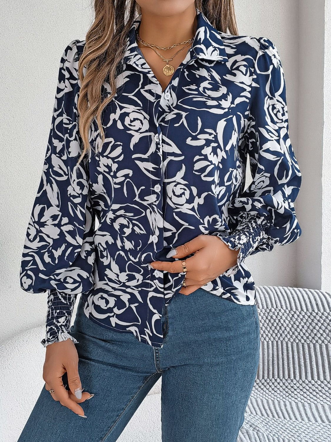 Printed Collared Neck Lantern Sleeve Shirt – product image 17