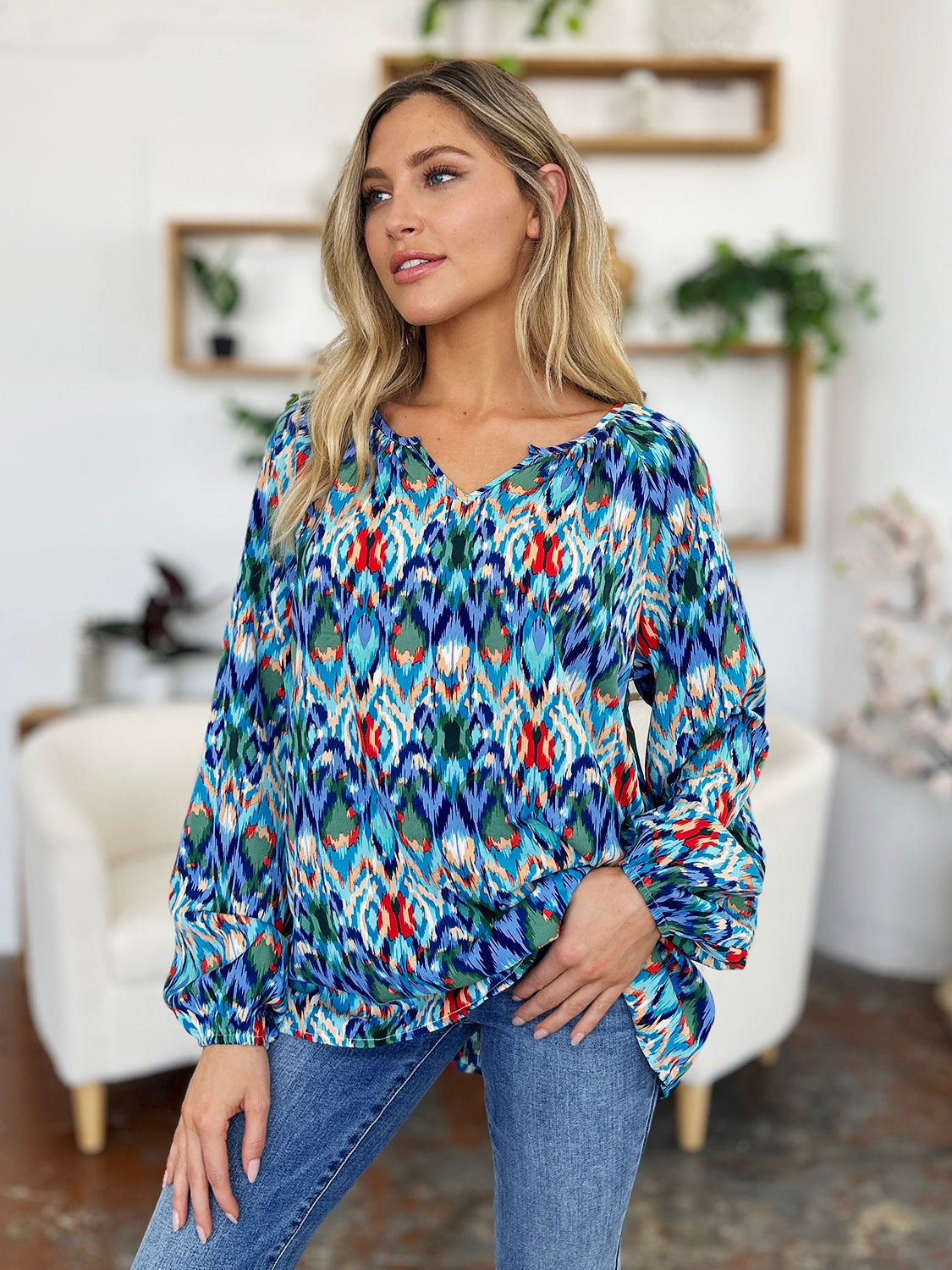 Double Take Full Size Printed Balloon Sleeve Blouse – product image 11