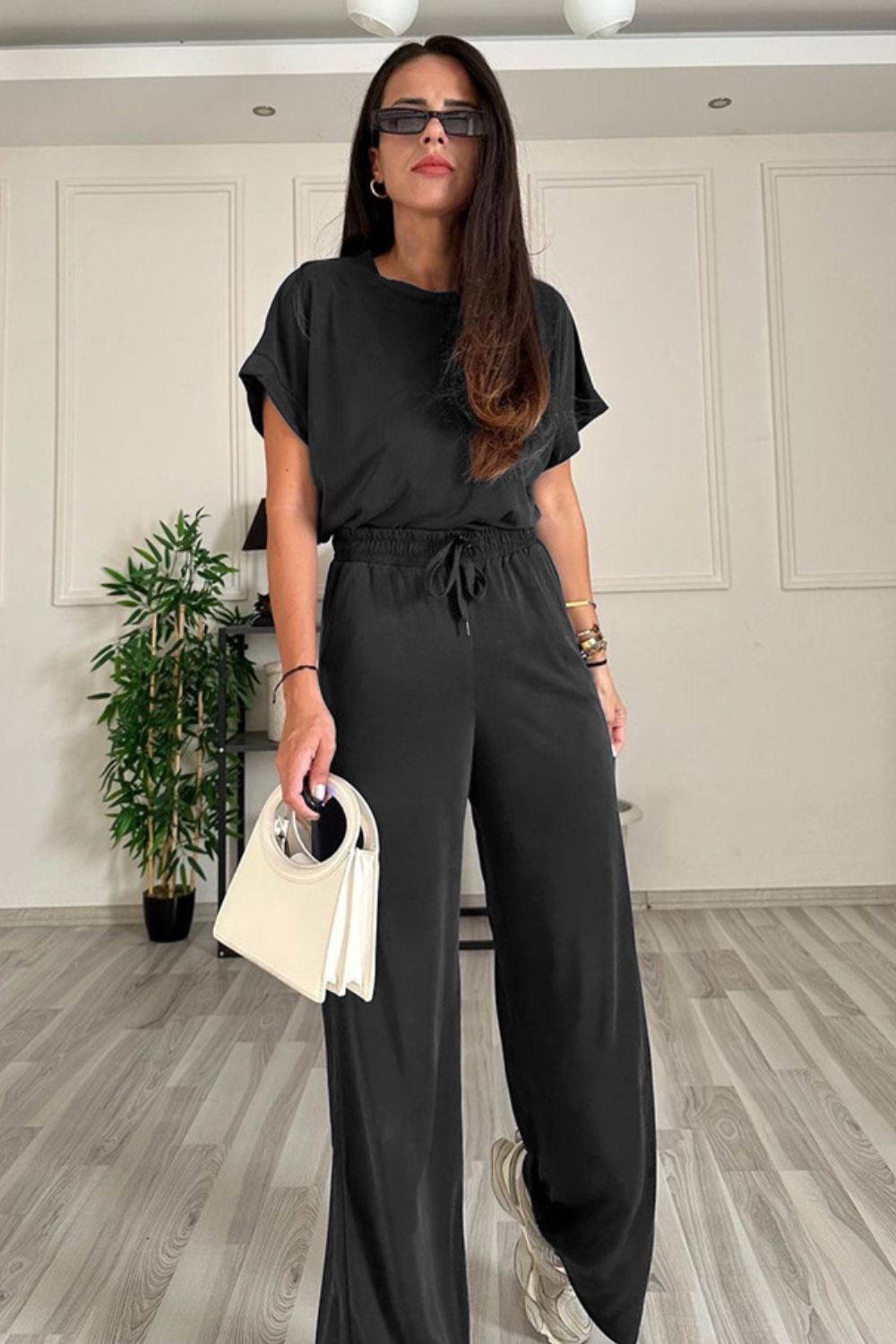 Round Neck Short Sleeve Top and Drawstring Pants Set – product image 2