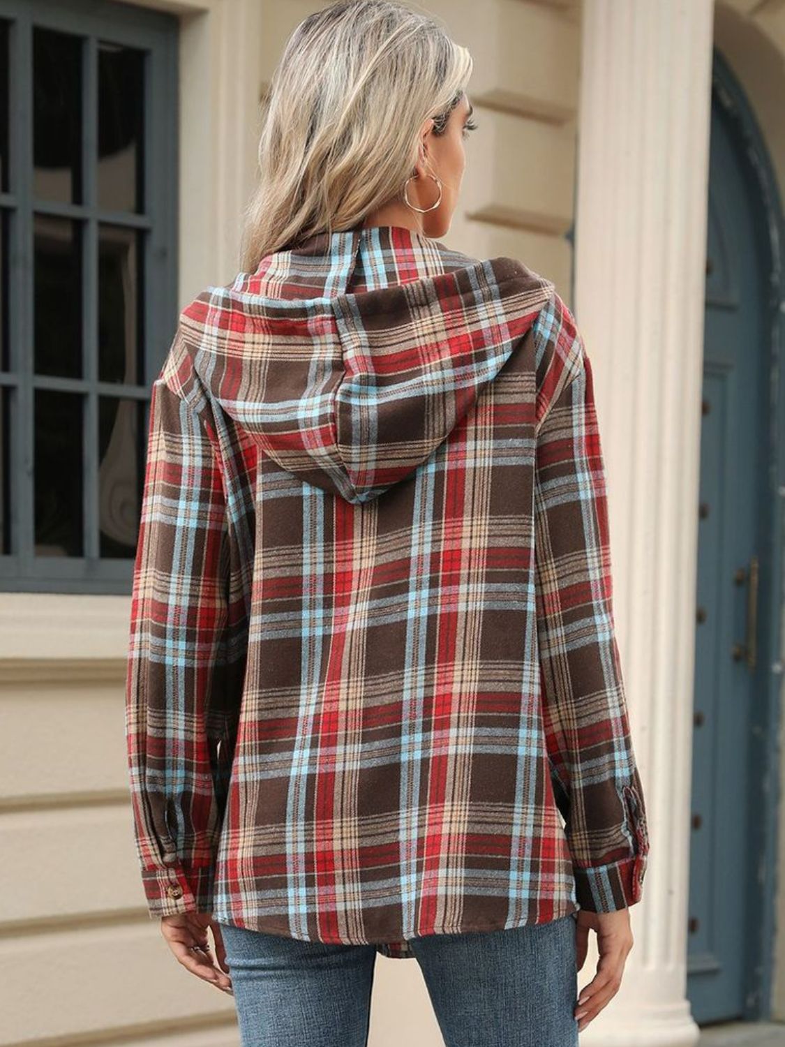 Drawstring Plaid Hooded Long Sleeve Top – product image 18