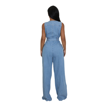 Slim-fit Elastic Washed Denim Jumpsuit With A Fitted Waist